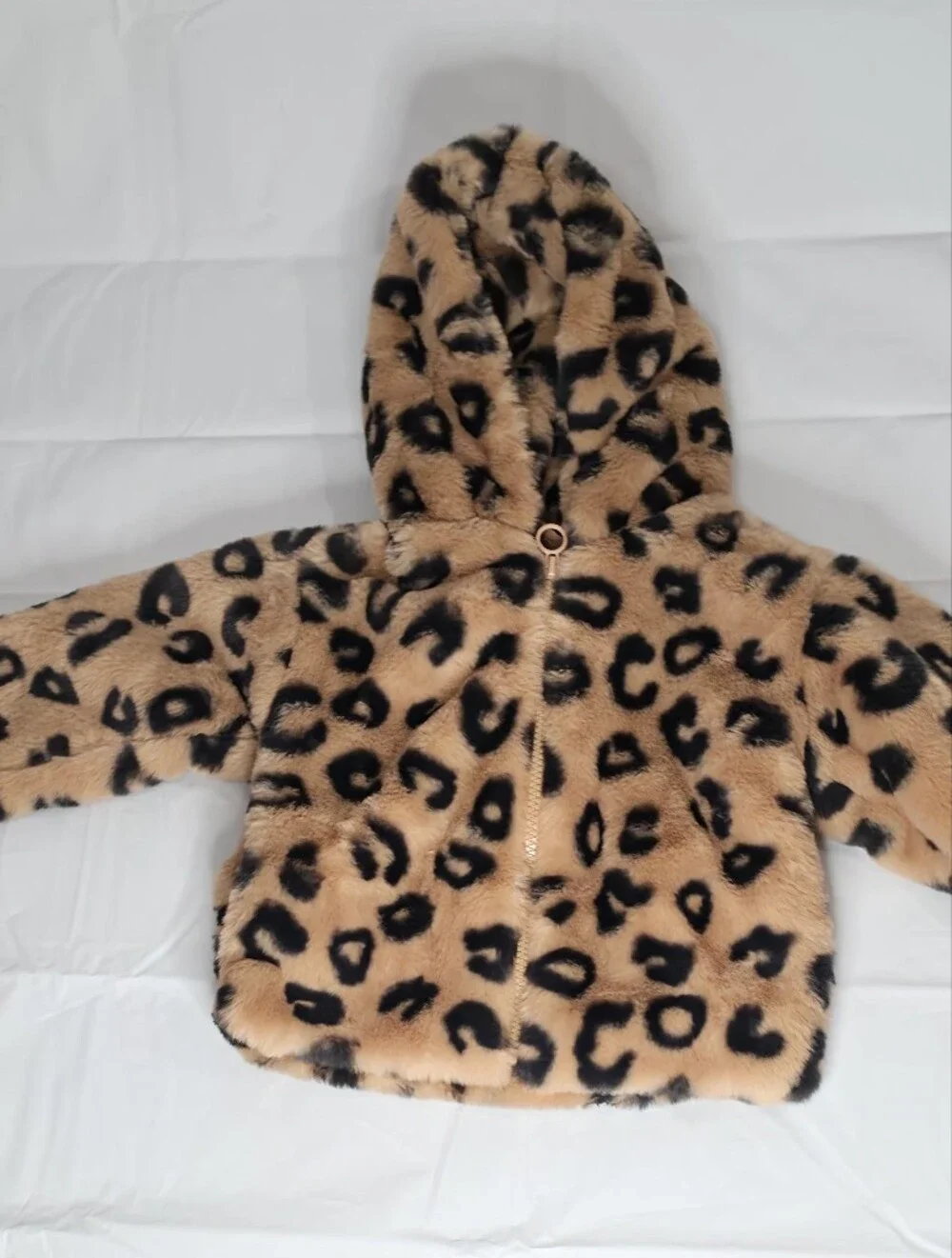 Toddler 2T Leopard Faux Fur Hooded Puffer Jacket - Tan